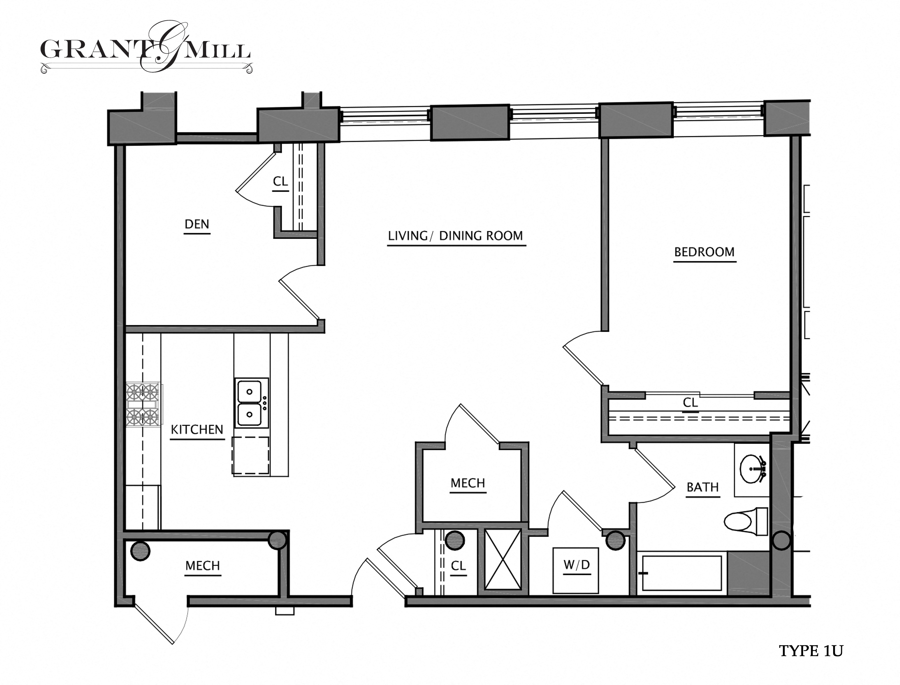 Floor plan for 1 bed, 1 bath, 958 sqft